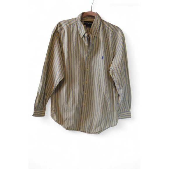Ralph Lauren Blake Men’s Button Down Shirt Medium Yellow Blue Stripe 100% Cotton - Picture 1 of 4